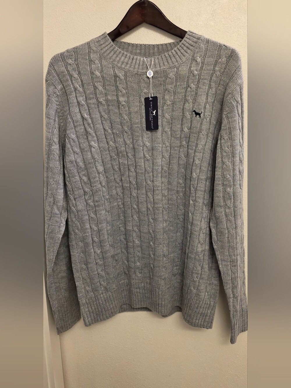 Simply Southern Gray Cable-Knit Crewneck with Navy Blue Logo L